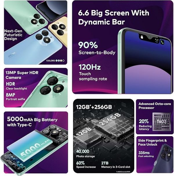 ⁦اي تيل هاتف ذكي A70 | ذاكرة RAM 12GB* سعة تخزين 256GB | كاميرا سيلفي بالذكاء الاصطناعي 8MP | بطارية 5000mAh | شحن من النوع C | شريط ديناميكي | ازرق ازور، بشريحتين⁩ - الصورة ⁦5⁩